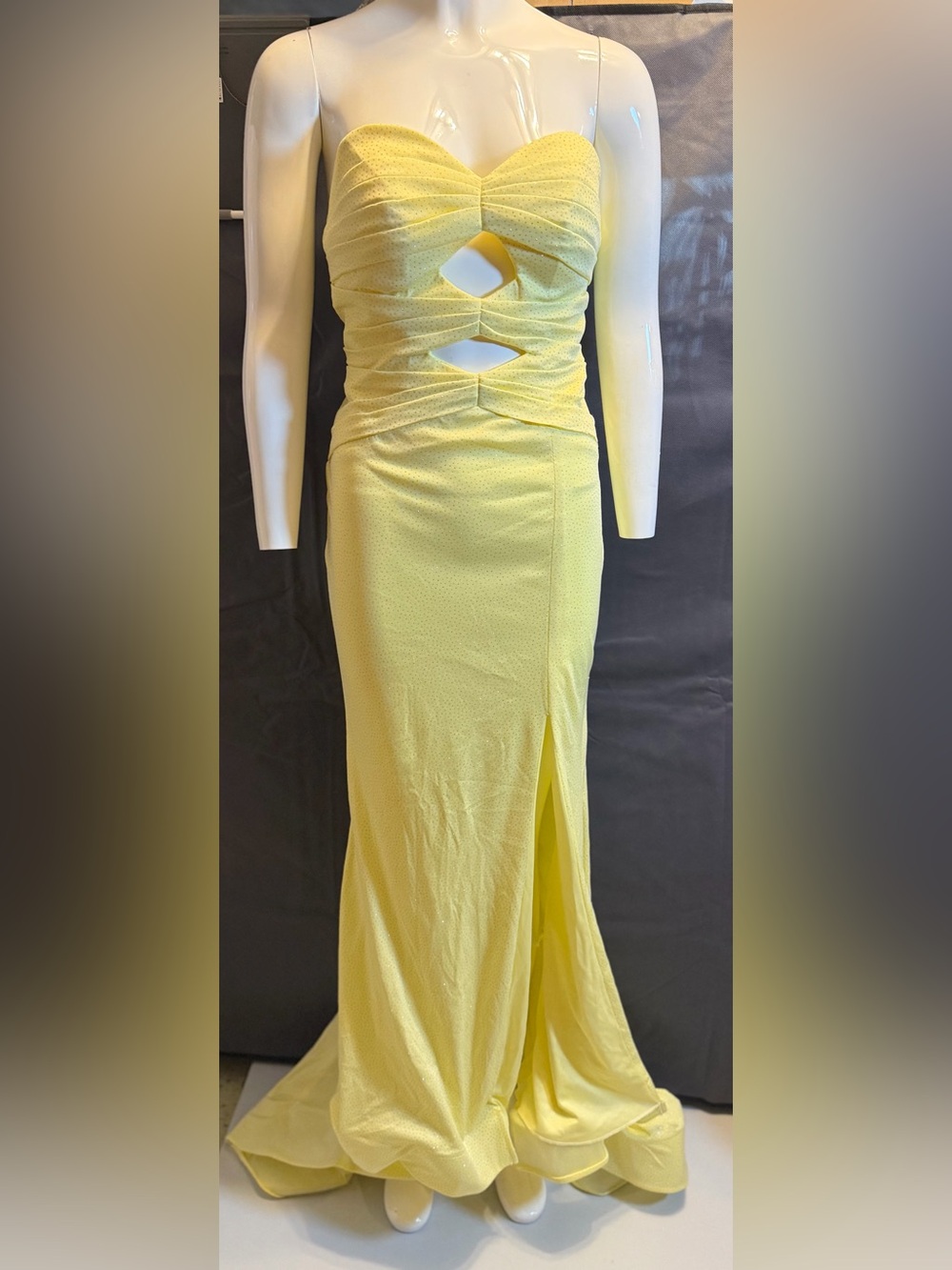 NWT Yellow Strapless Cutout Evening Gown Sparkles Train